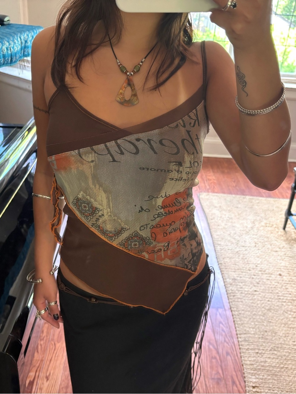 Vintage Cache Cache Brown Asymmetric Graphic Cami Top with Orange Trim